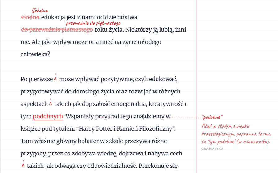 Widok korekty tekstu w aplikacji Korrekta — poprawki w tekście z adnotacjami